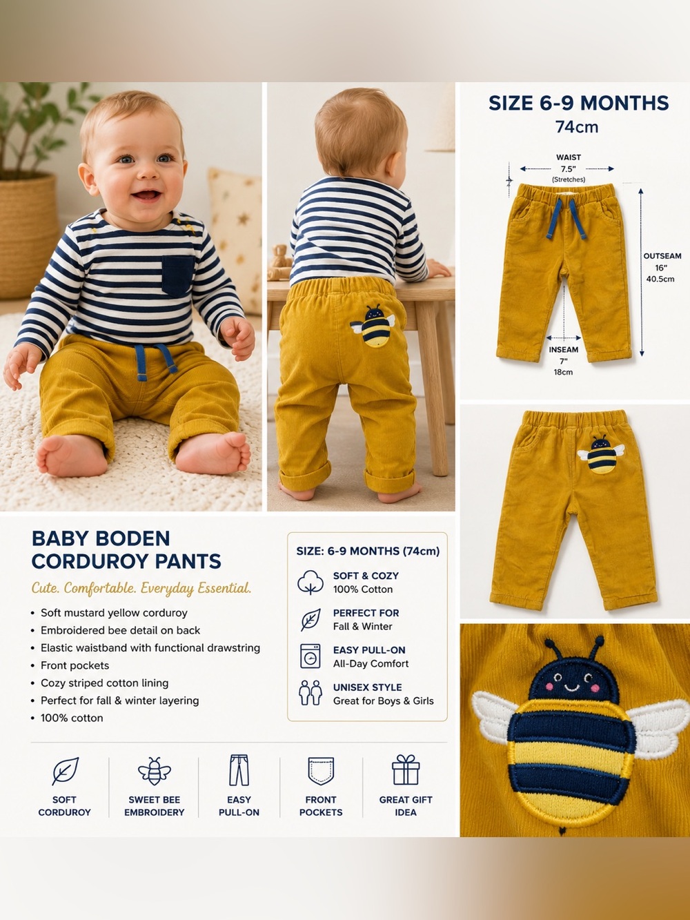 Baby Boden Mustard Yellow Corduroy Pull-On Pants Bee Embroidered 6-9 Months 74cm